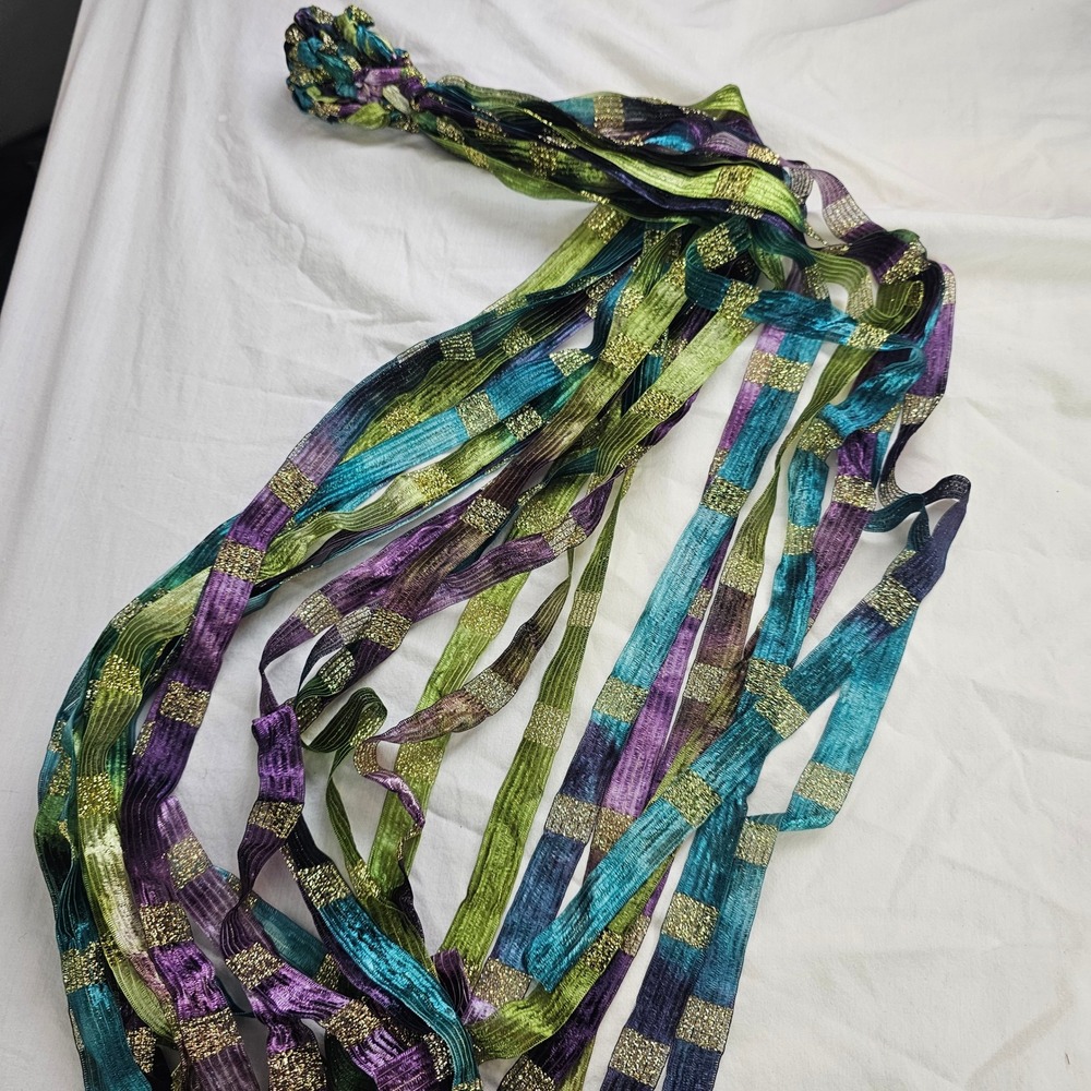 Multi Strand Ribbon Hair Tie Purple Teal Green Gold Metallic Shimmer Boho Fringe